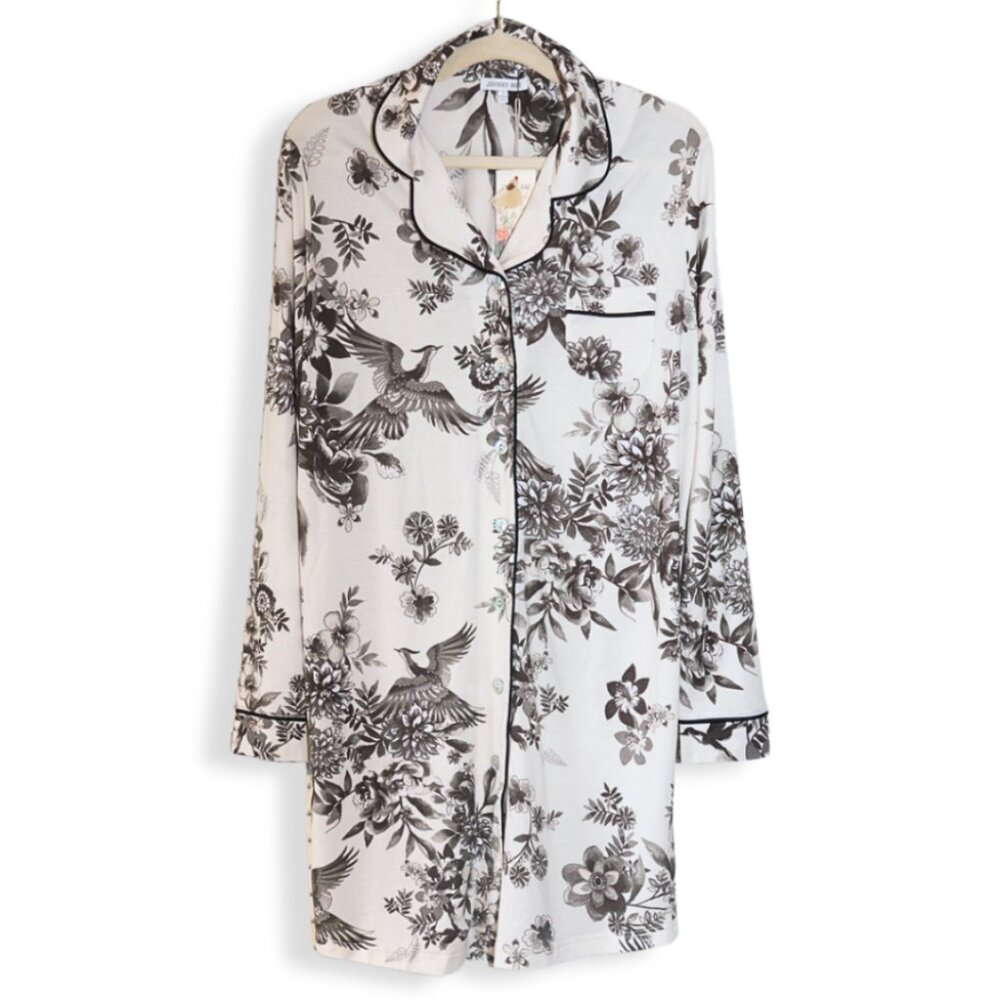 Johnny Was Sleep Shirt Nightshirt Dress Long Sleeve Boho Relaxed Fit Black White